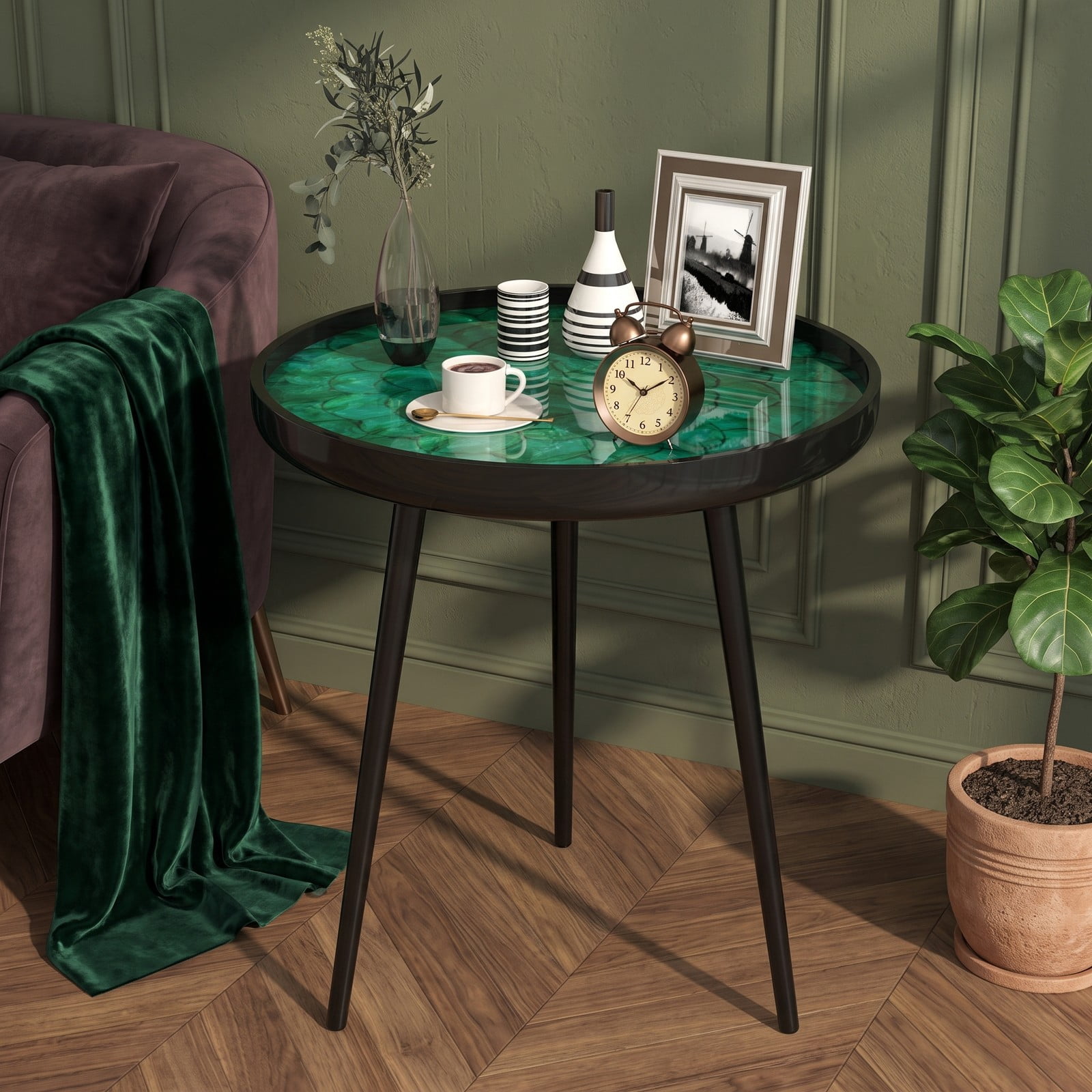 Furnibear 20 Inch Mid-Century Modern End Table, Handmade Sea Shell Side Table with Waterproof Epoxy Resin Tray Top and Solid Mahogany Legs for Living Room, Green