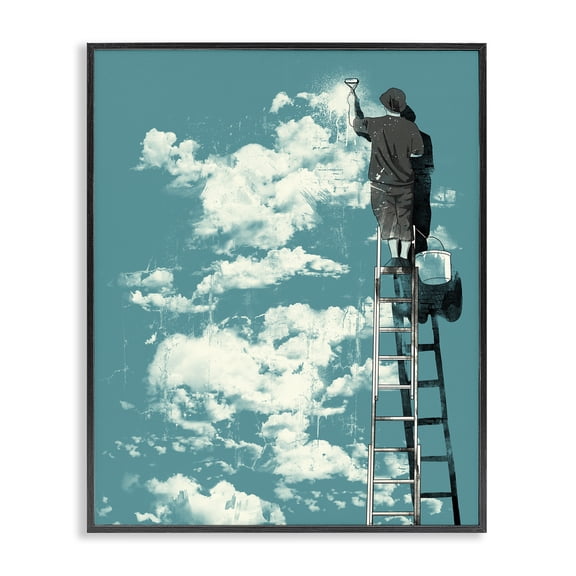 Stupell Industries Contemporary Painter On Ladder Conceptual Clouds Black Framed Giclee Art, 11 x 14, by Matheus Lopes Castro