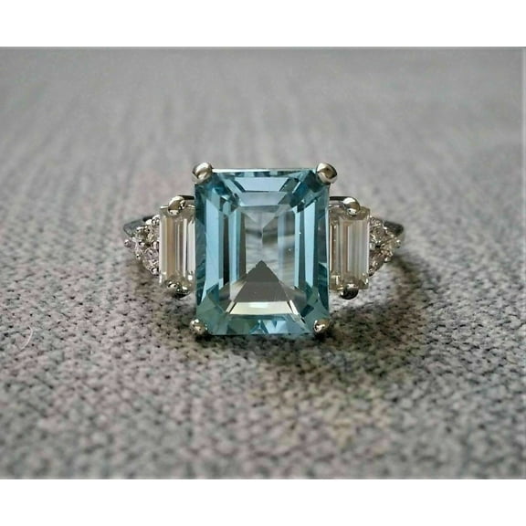 3Ct Emerald Cut Aquamarine Three Stone Engagement Ring For Women's 925 Sterling Silver