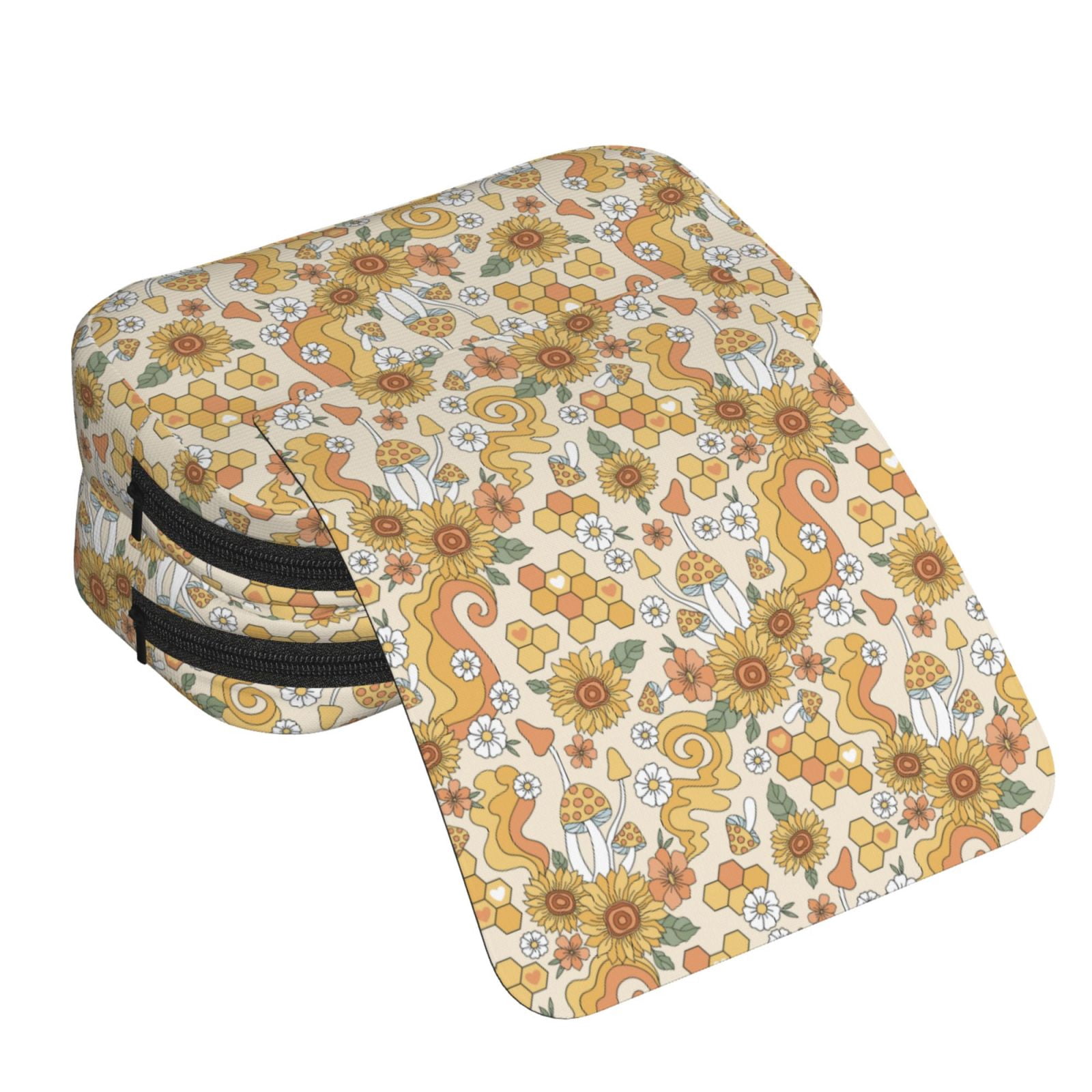 Rateoe Retro 70s 60s Flower Pattern Double Clamshell Pen Case, Storage Organizer with Two Zipper Compartments– Holds Up to 50 Pencils & Pens