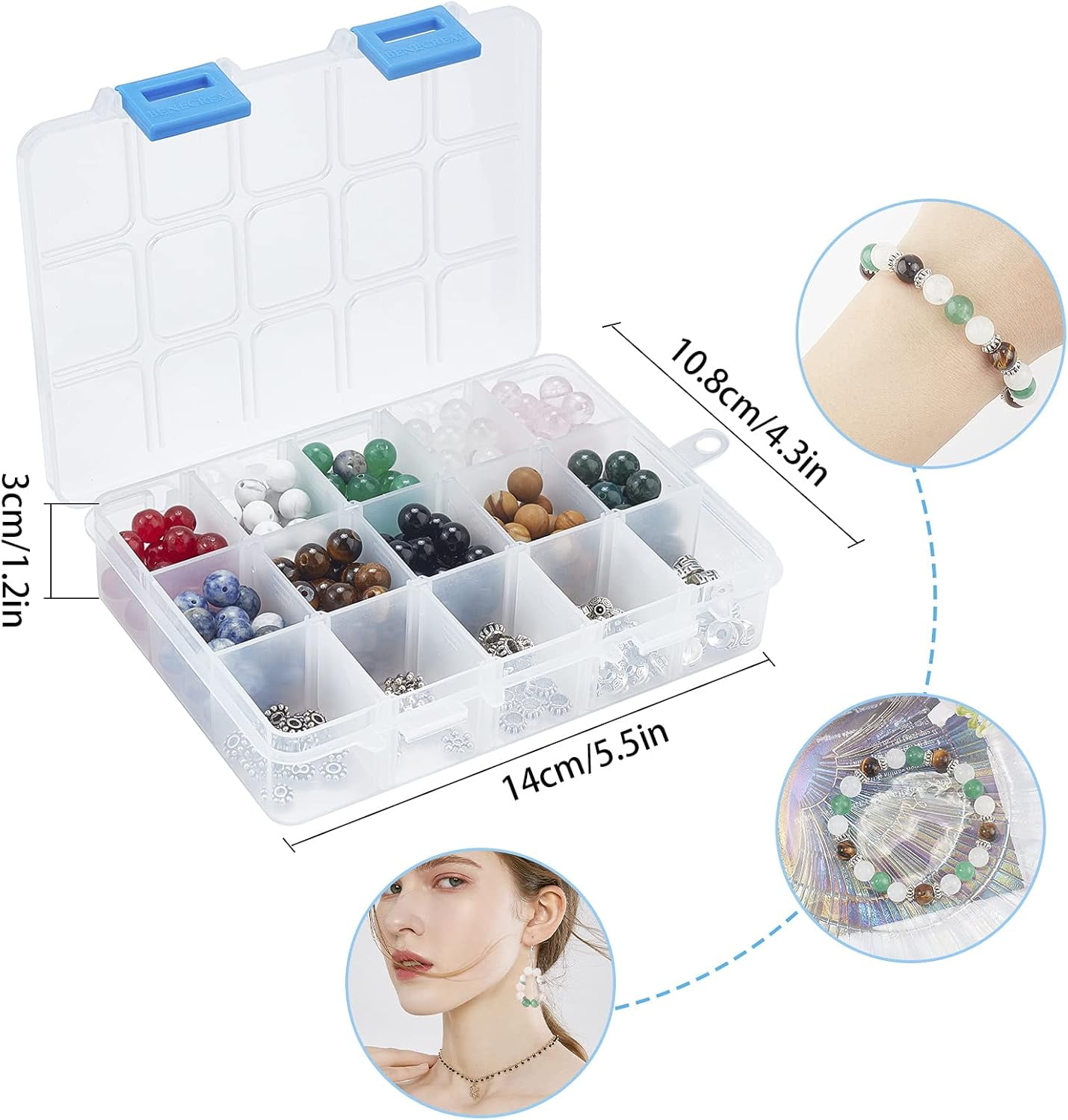 1 Box 350Pcs+ Stone Beads Box Set Kits 10 Material 8mm Gemstone Round Beads 5 Styles Alloy Spacer Beads & Thread & Scissors for DIY Bracelet Jewelry Making