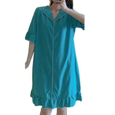 

CHAOMA Retro Style Mid-long Sleeve Nightdress Lapel Lotus Cuff Nightshirt Loose Pajama