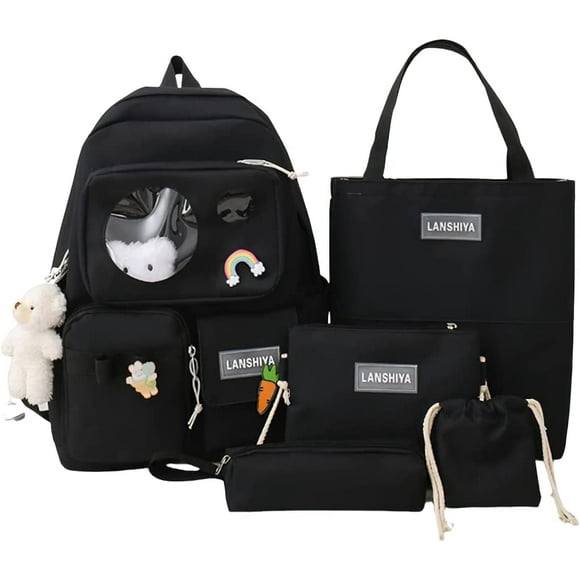 Kawaii Aesthetic Cute 5pcs School Bags Set with Accessories School Suppliers for Teens Girls Backpack Tote Bag (Black)…