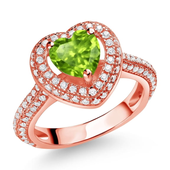 Gem Stone King 18K Rose Gold Plated Silver Green Peridot and White Moissanite Heart Shape Ring for Women (1.39 Cttw, Size 7)