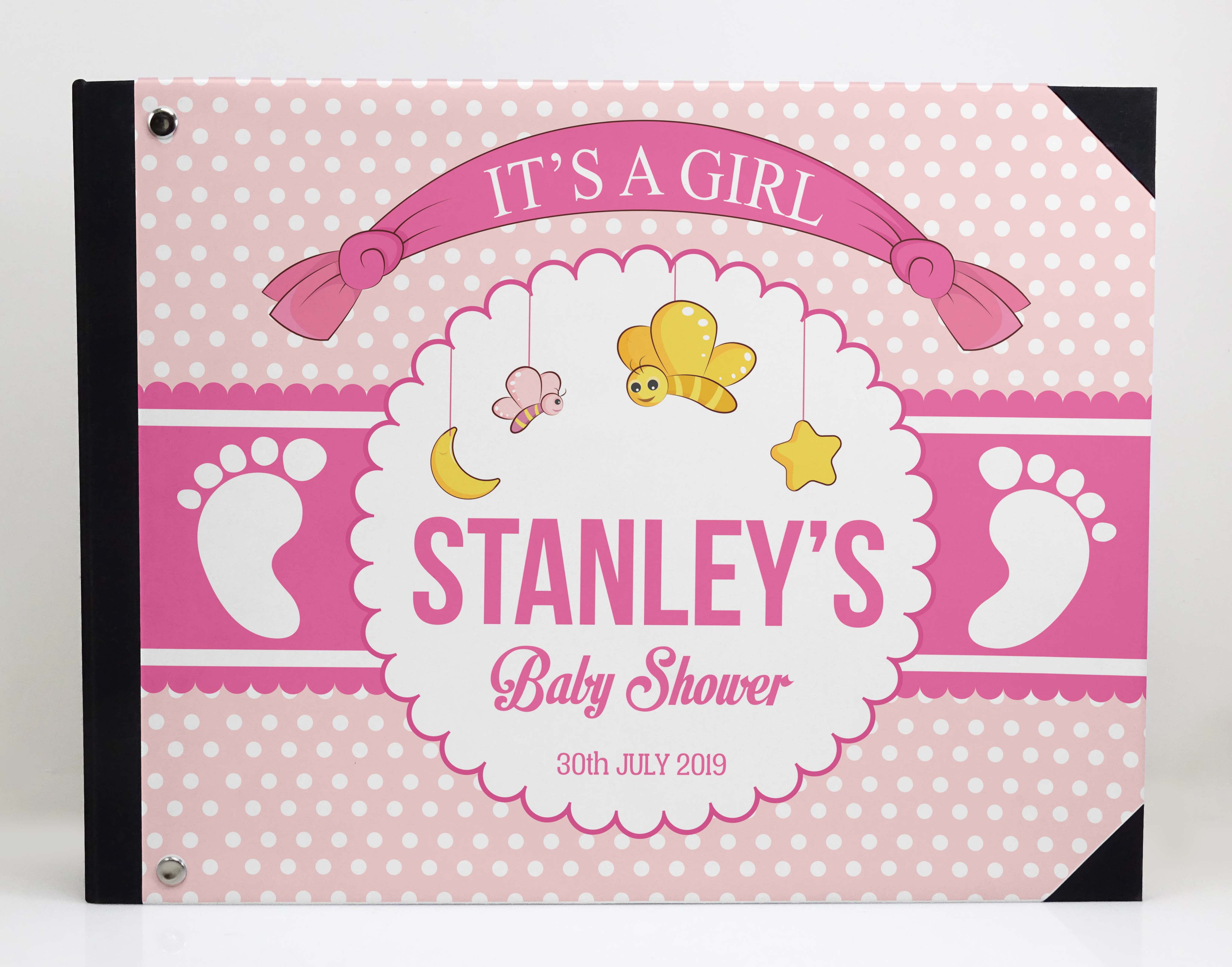 Darling Souvenir Pink Baby Footprint & Polka Dot Baby Shower&nbsp;Guestbook&nbsp;Hardbound Cover Personalized Printed Memory&nbsp;Guest&nbsp;Registry-9 x 12 Inches