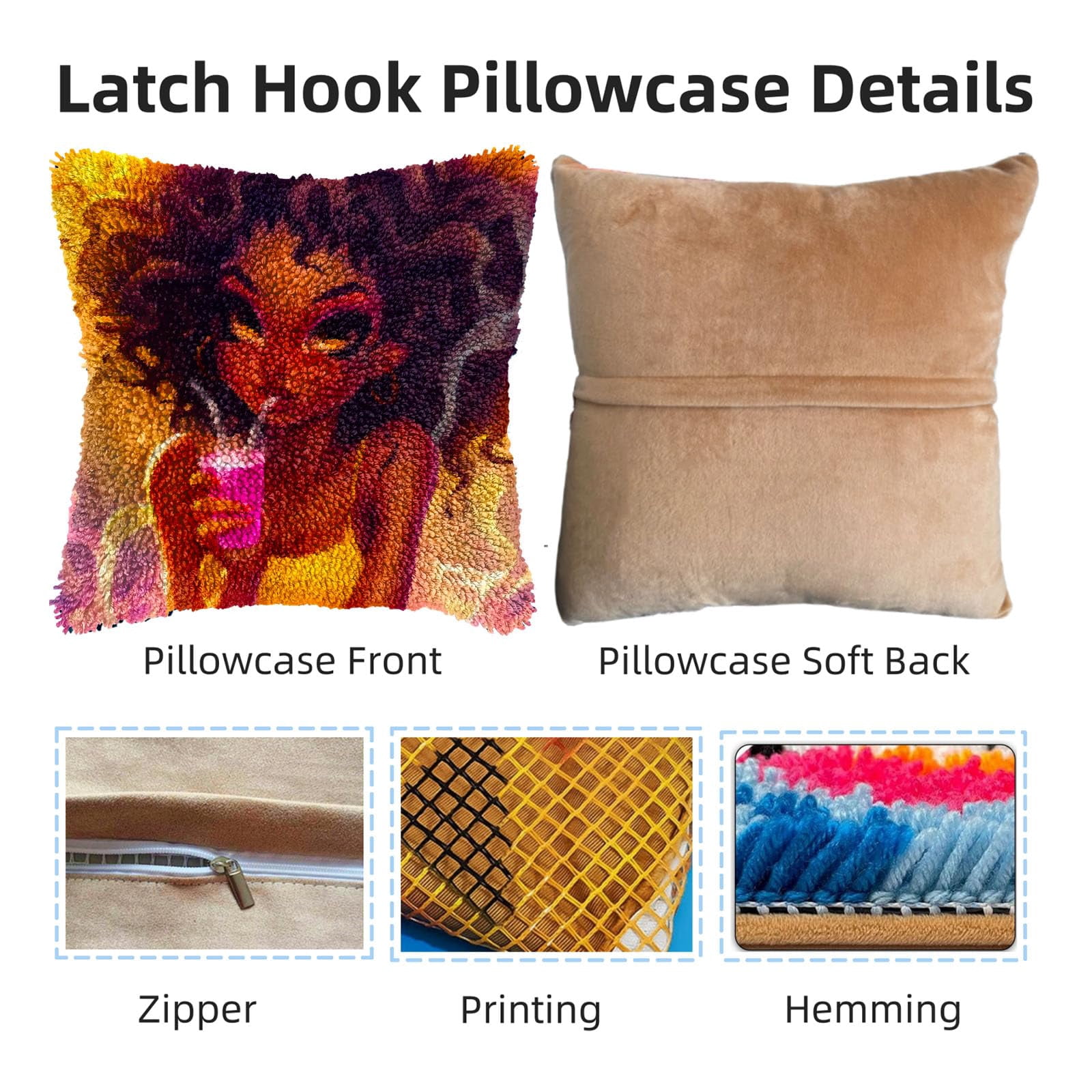 Cartoon African Woman Drink DIY Latch Hook Pillow Kits for Adults Printed Pillowcase Crochet Yarns Hooking Handmade Pillow Cover Cushion for Home Sofa Decoration 17x17inch