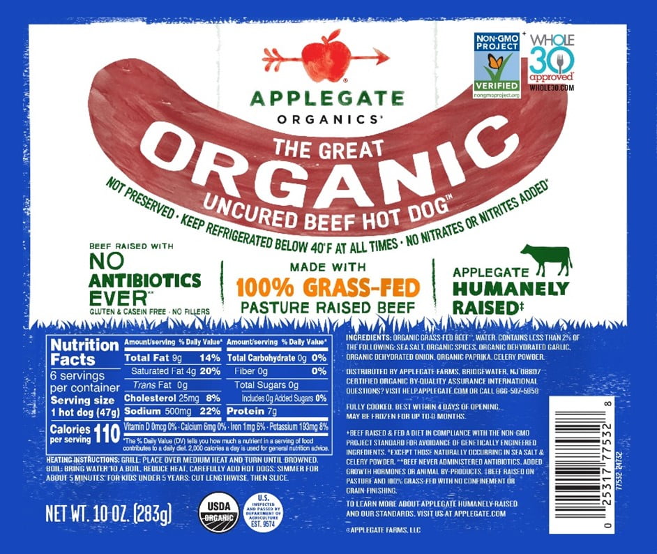 Applegate Great Organic Beef Hot Dog 10oz