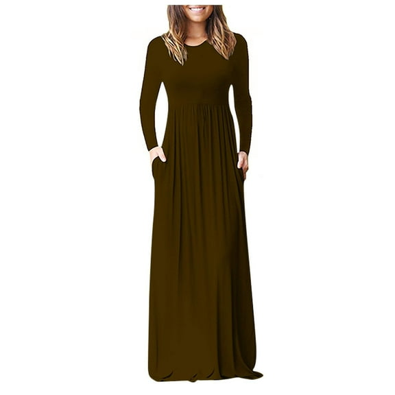Brilliant Fall Dresses for Women Long Sleeve Women Casual Long Sleeve Sexy Plus Size Loose Plain Pockets Long Maxi Dress Brown S