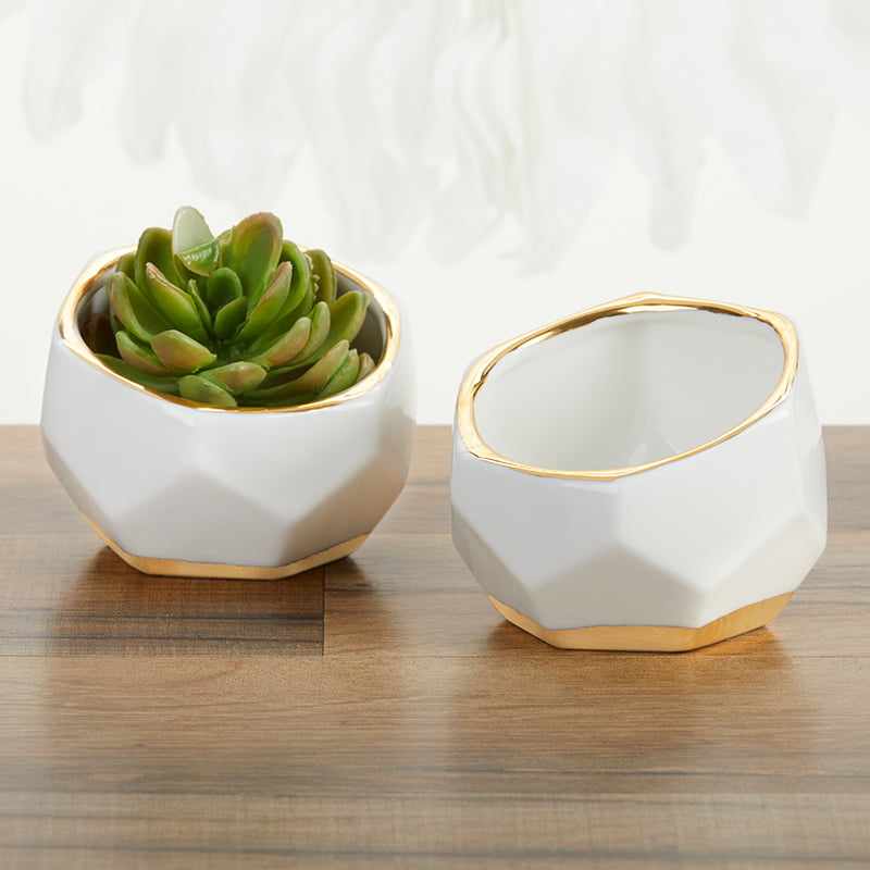 Decorative Succulent Planter Gift  Set of 4 White Porcelain &Golden Trim Hexagon 
