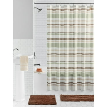 Mainstays Green and Brown Stripe 15 Piece Shower Curtain Bath Set, 70 x 72, Green/Multi