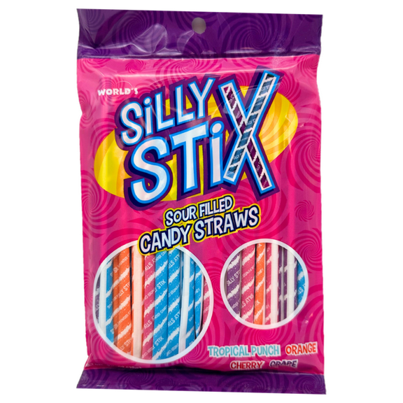 Silly Stix Sour Filled Powder Candy Straws, Assorted Fruit Flavors, 2.75 oz