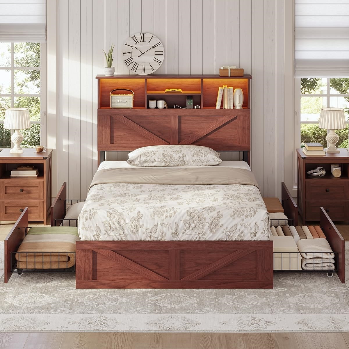 Twin Size Bed Frame, Farmhouse Wooden Platform Twin Bed with Storage Headboard Bookcase and 4 Footboard Storage Drawers Oak Brown
