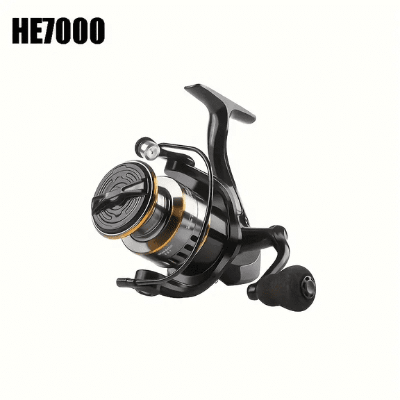QIFEI HE6000-7000 Spinning Fishing Reel - Smooth & Sensitive 5.2:1 Gear Ratio, Metal Rocker Arm & Line Cup, Black & Golden Design for Freshwater & Saltwater Angling, Efficient Retrieval
