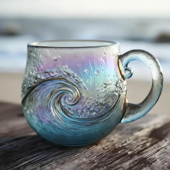 QenASHaing 2026 Sea Glass Wave Mug, 12 Oz Handblown Oceans Wave Glass Mug Cup, with Textured SeaWave Design for Coffee Wine Ice Drink, Unique Inspired Drinkware Gift for Oceans Lovers