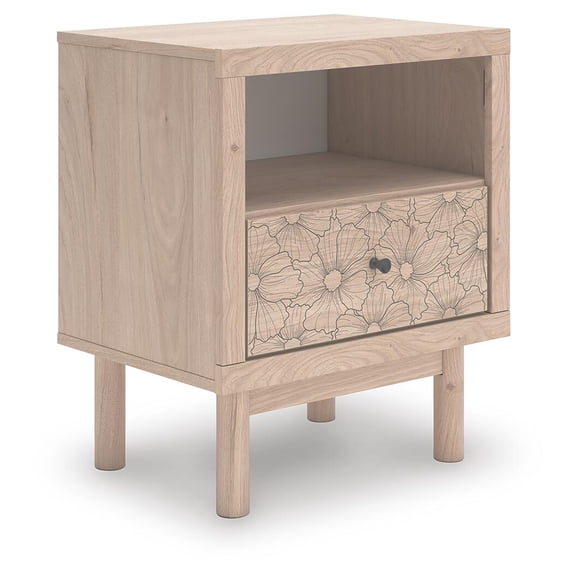 Signature Design by Ashley Birkmore One Drawer Nightstand with USB Charging Port, Light Oak Finish, Floral Accent Drawer, Tan