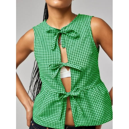 Y2k Plaid Women Bow Tie Front Open Tank Top Crop Sleeveless Lace Up Vest Babydoll Shirts Aesthetic Blouse Streetwear