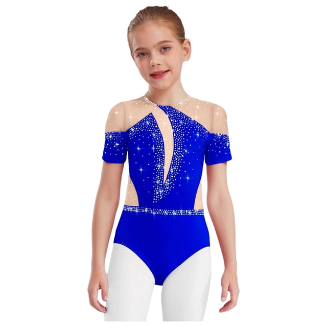 vastwit Combinaison de Danse Ballet à Manches Courtes avec Strass pour Filles, Bleu 16