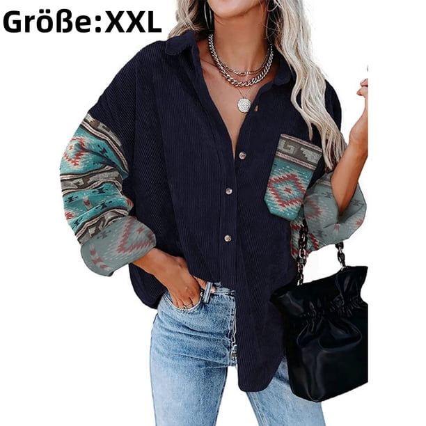 Camisa de pana para mujer, camisa casual de manga larga, blusa suelta con solapa y botones