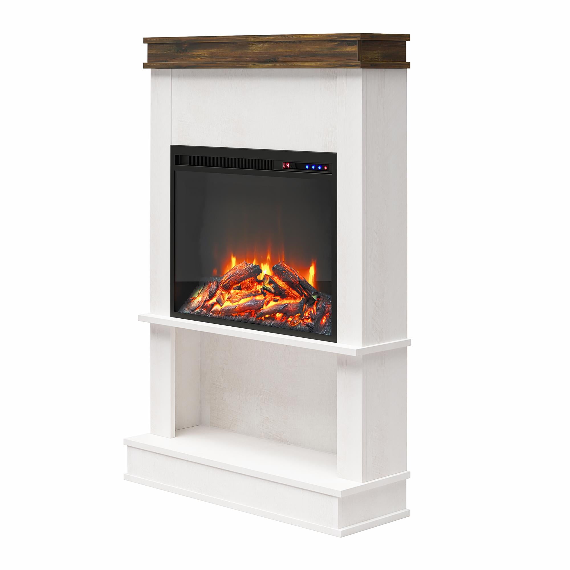 Mateo Electric Fireplace with Mantel and Open Shelf, Ivory Oak with Rustic