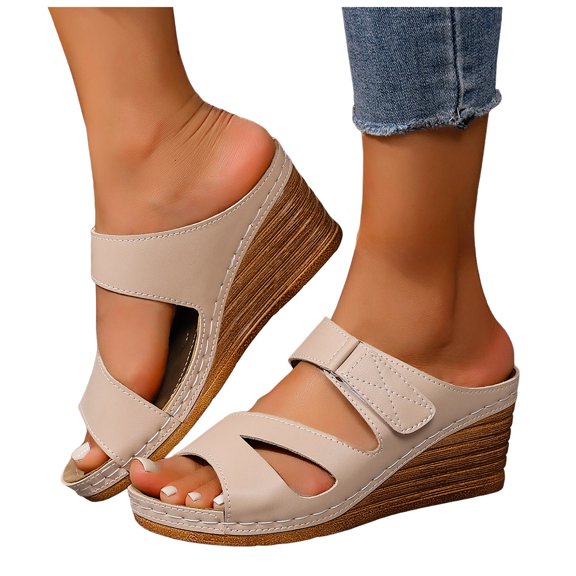 Rokment Wedges Dress Sandals for Women Ladies 2026 Summer Fashion Casual Leather Open Toe Platform Dressy Slip on Ladies Orthotic Arch Support Chunky High Heels Beach Slides A Size 6