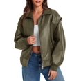 thumbnail image 3 of Womens Oversized Leather Bomber Jackets Cap Sleeve Zip Up Motorcycle Coats with Pockets, 3 of 6