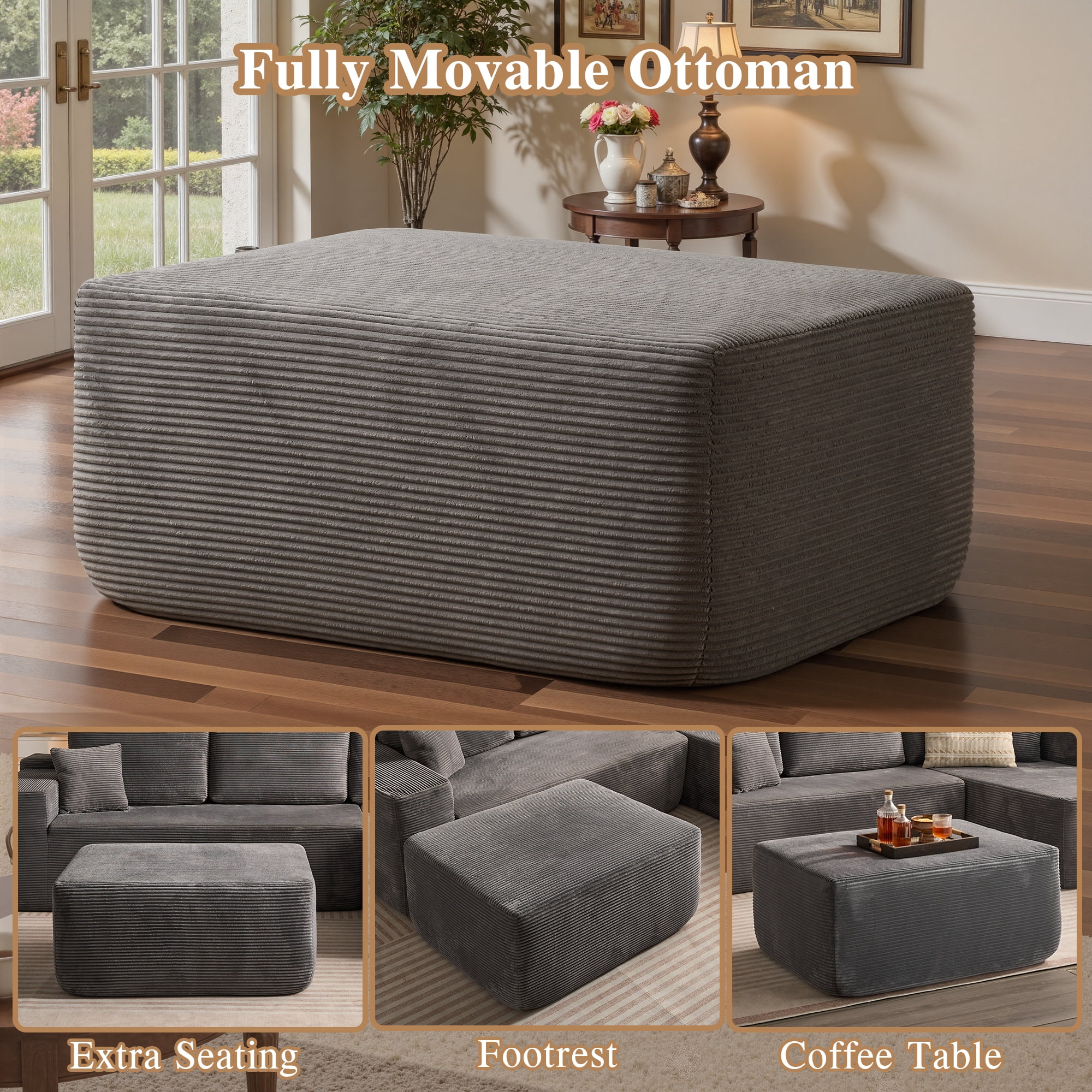 Ovios 106" Cloud Sofa Couch No Assembly Boneless Deep Seat Sofa with Ottoman for Living Room, Gray (Corduroy)