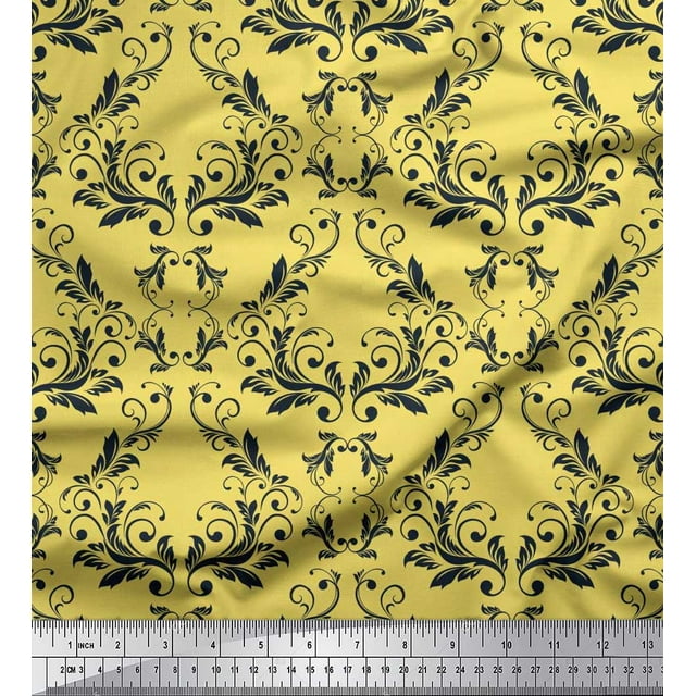 Soimoi Yellow Viscose Chiffon Fabric Filigree Damask Printed Fabric 1 Yard 42 Inch Wide