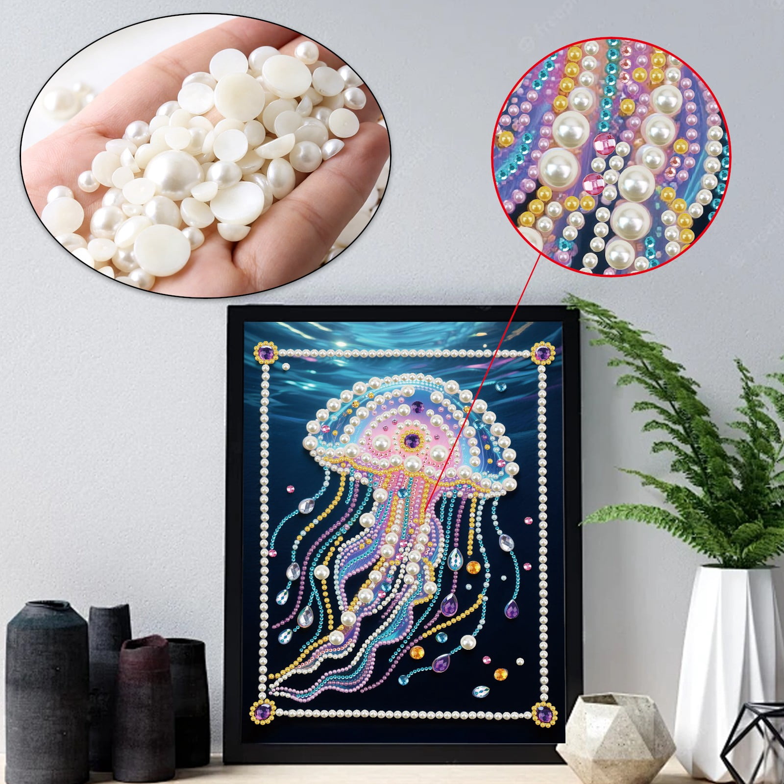 FLOPESN DIY Gemstone Pearl Painting Kit - 9.84x13.78 Inch Frameless Colourful Canvas Art for Adults, Stress Relief Craft & Home Wall Decor-Jellyfish-1