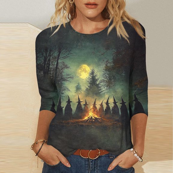 NSLGXD Plus Size Fall Graphic Tees for Women 3/4 Sleeve Crew Neck Witch Print Breathable Womens Spooky Season Tops S-5XL