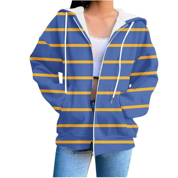 Htigea Women's Striped Hoodies Full Zip Up Long Sleeve Drawstring Hooded Sweatshirts Fall Outdoor Active Coats with Pockets Blue S