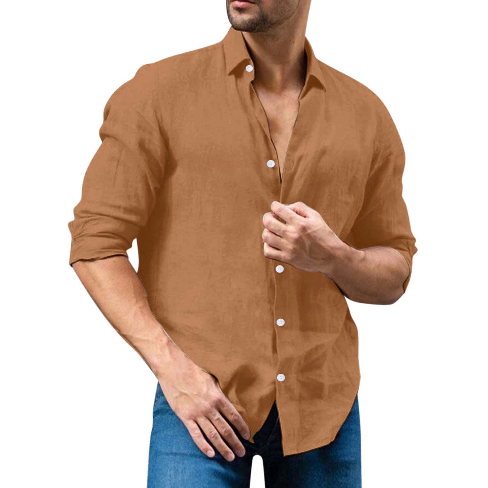 brown t shirts male cotton linen solid casual plus size loose shirt mens  turndown collar long sleeve shirt 