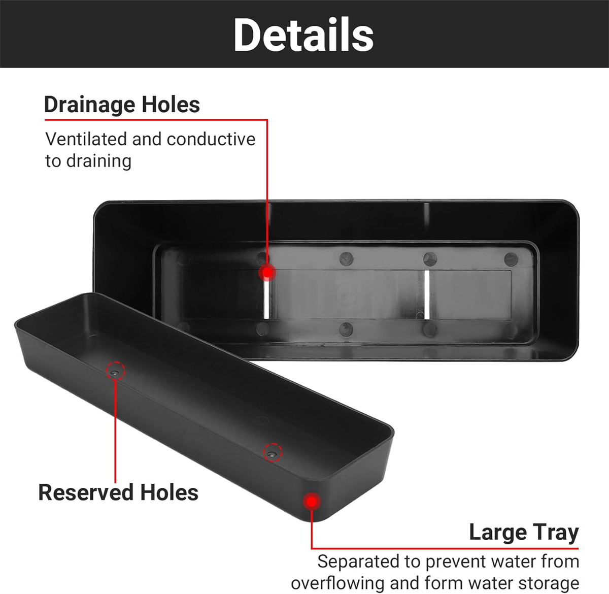 1 Pc Black Rectangle Window Boxes Yahome Herb Planters with Tray Indoor Succulent Cactus Mint Plastic Pot Flower Planter Box for Garden Balcony Office Indoor Outdoor Decoration(12 x 3.8in)