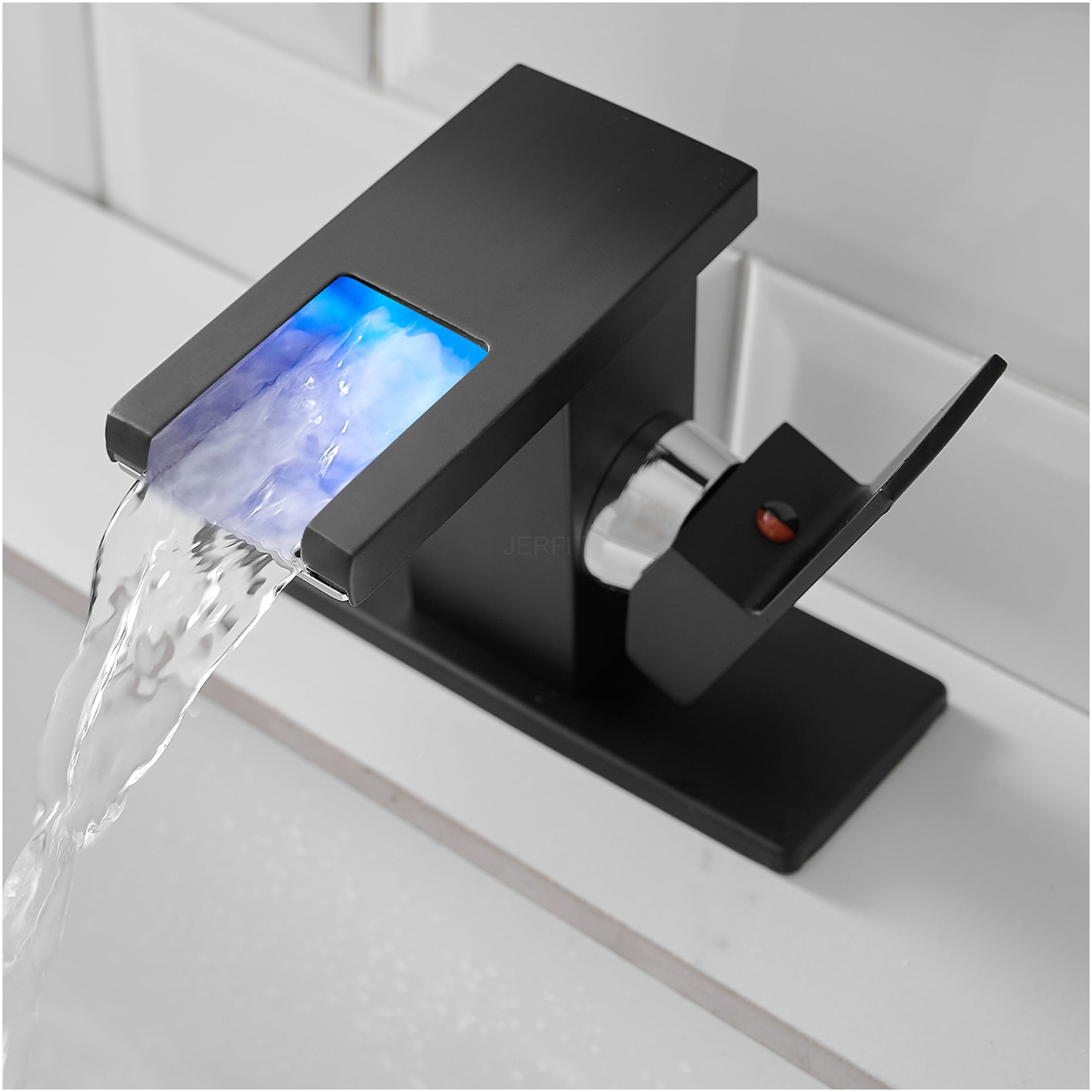 JERFIT 1-Hole LED Waterfall Bathroom Sink Faucet, Single Handle Black Brass Faucet with Temperature Sensing Light for Vanity Basin