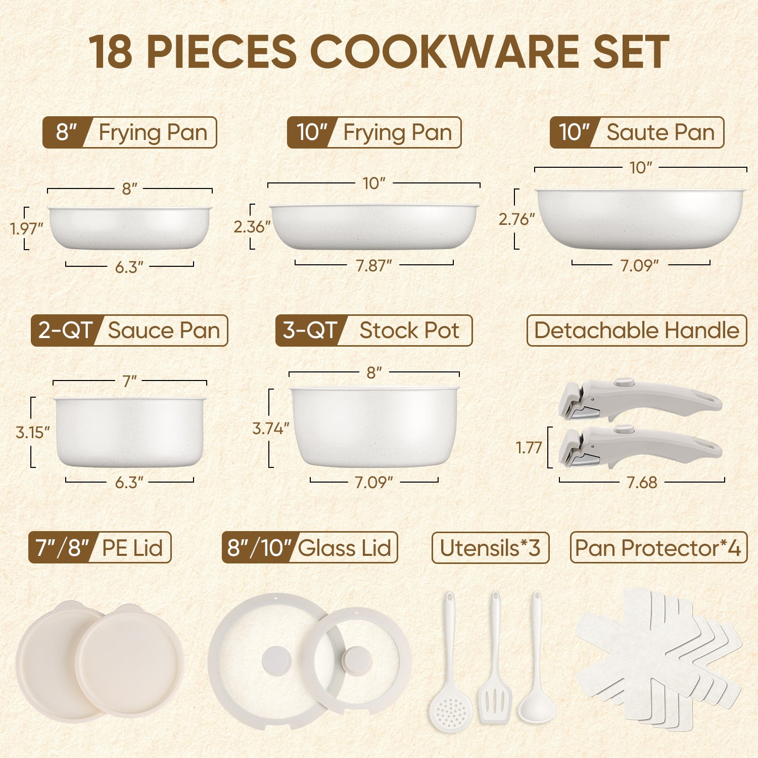 Vesteel 18Pcs Pots and Pans Set, Nonstick Cookware Set with Detachable Handles, Stackable Kitchen Cooking Set with Silicone Utensils Set, Induction Compatible & Oven Safe - Cream White