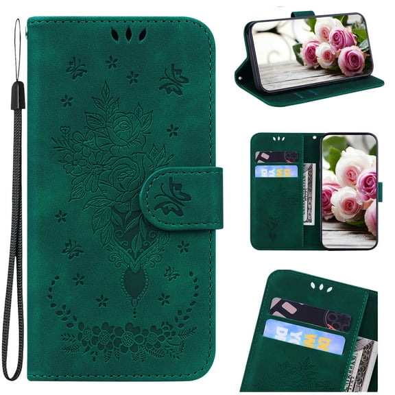 Allytech Case for Galaxy A53 5G, Embossed Flower Butterfly PU Leather Card Slots Kickstand Detachable Wrist Strap Flip Wallet Anti-Scratch Magnetic Snap Case for Samsung Galaxy A53 5G 6.5" 2022, Green