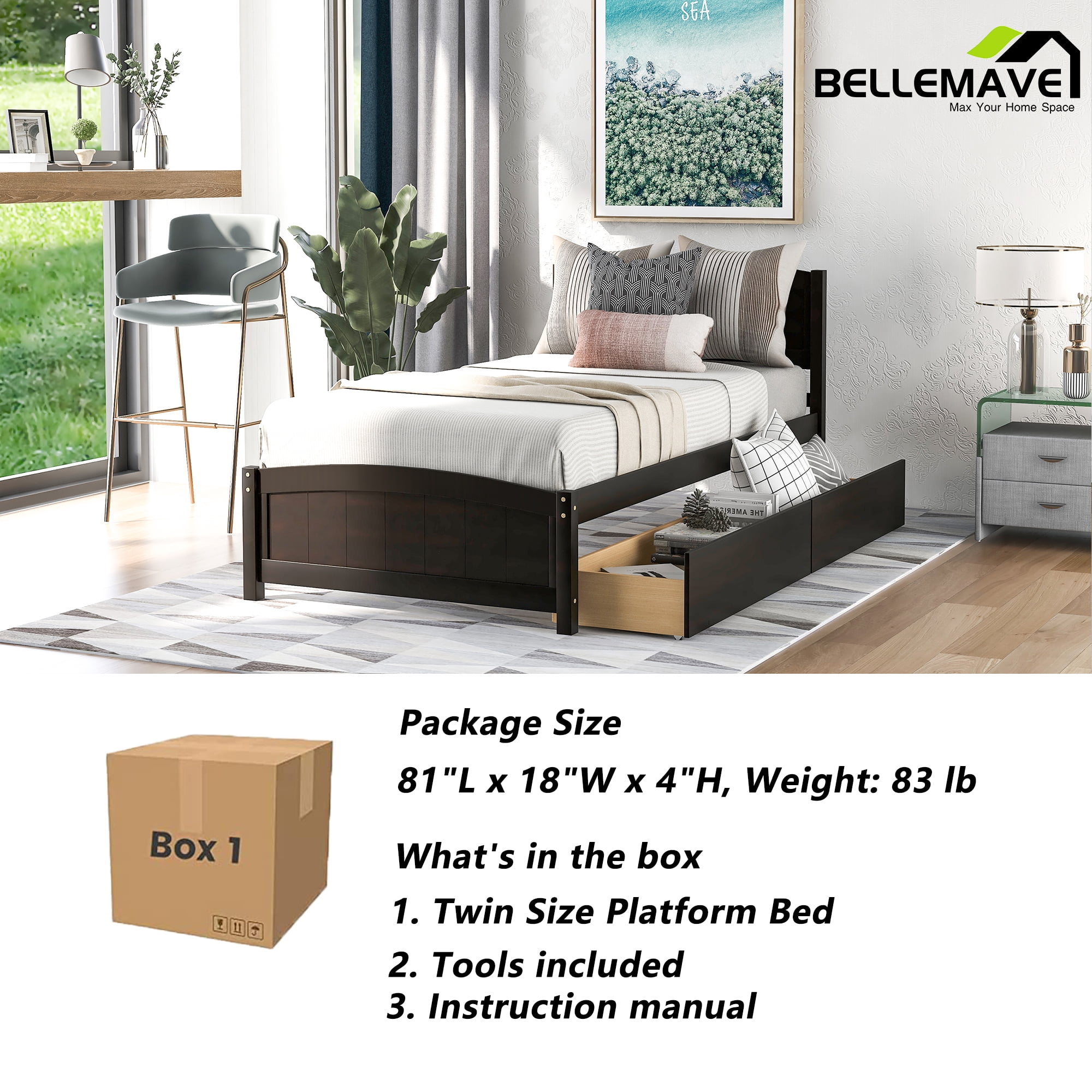 Twin Platform Bed Frame with Storage Drawer, Twin Bed Frames with Headboard and Slats, Twin Size Platform Bed Frame(Espresso)