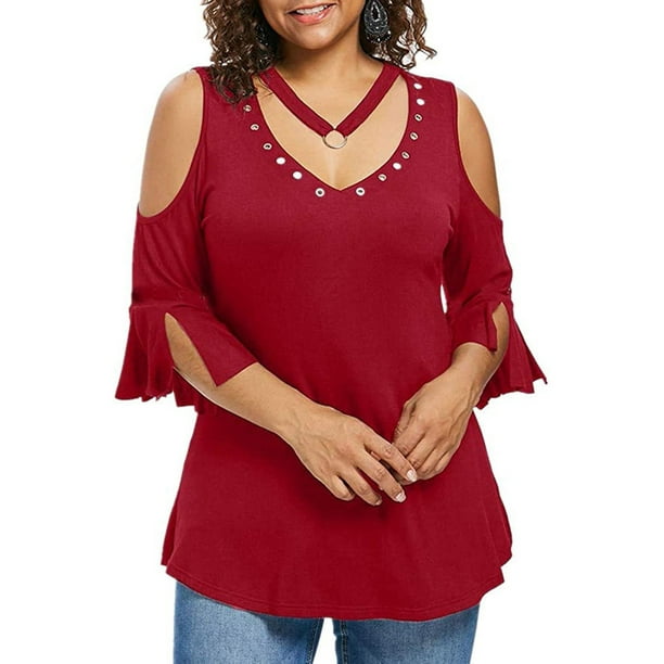 Tops Para Mujer Elegante Casual Tallas Grandes Blusas Camisas Fuera Del Hombro Vendaje Ropa Camiseta Solida Manga Corta Cuello en V Odeerbi ODB156729