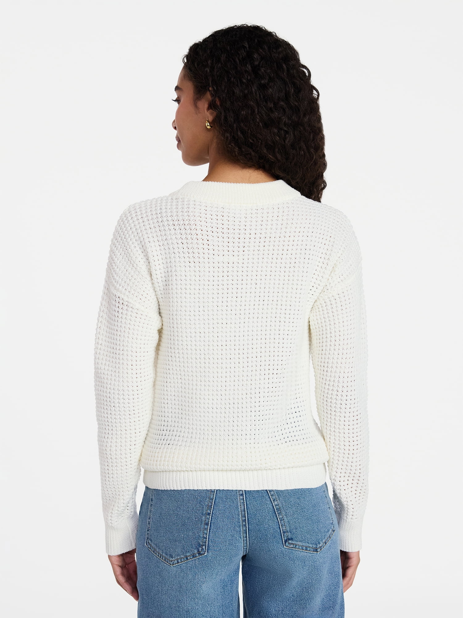 Time and Tru Women's Waffle Stitch Sweater with Long Sleeves, Sizes XS-XXXL
