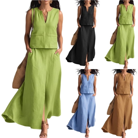 Womens Linen Look 2 Piece Sets With Sleeveless V Neck Vest And Side Slit Maxi Skirt Featuring Functional Pockets And Solid Color Black L