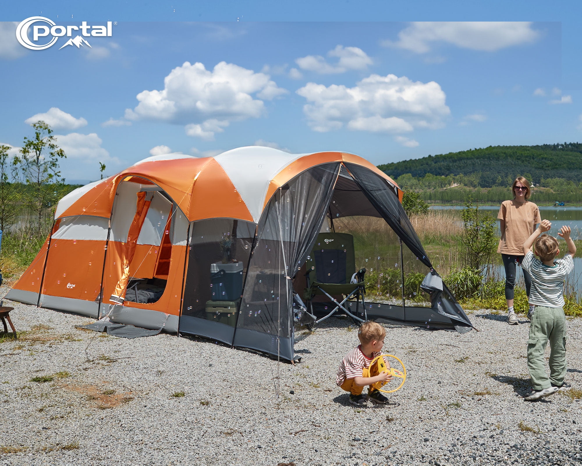 PORTAL 8 Person Family Camping Tent, Portable Cabin Tent with Rainfly and Screen Porch, 20ft * 8ft * 74in, Orange