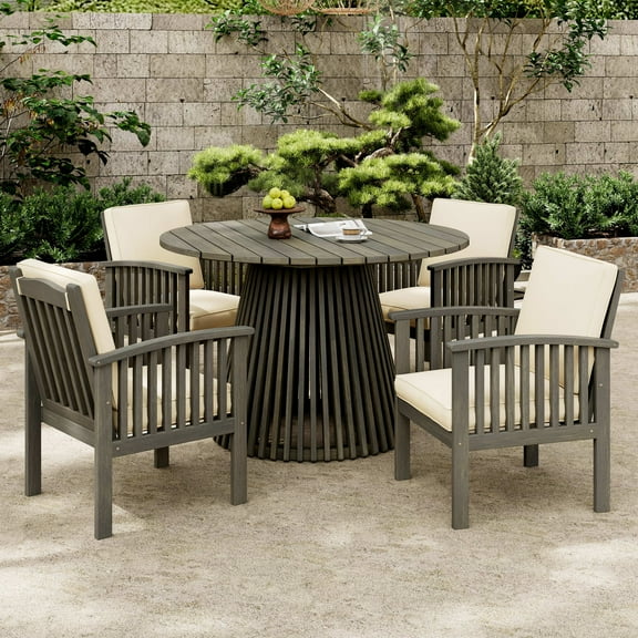 Christopher Knight Home 5-Piece Outdoor Patio Dining Table Set with Club Chairs & Cream Cushions, Gray Finish