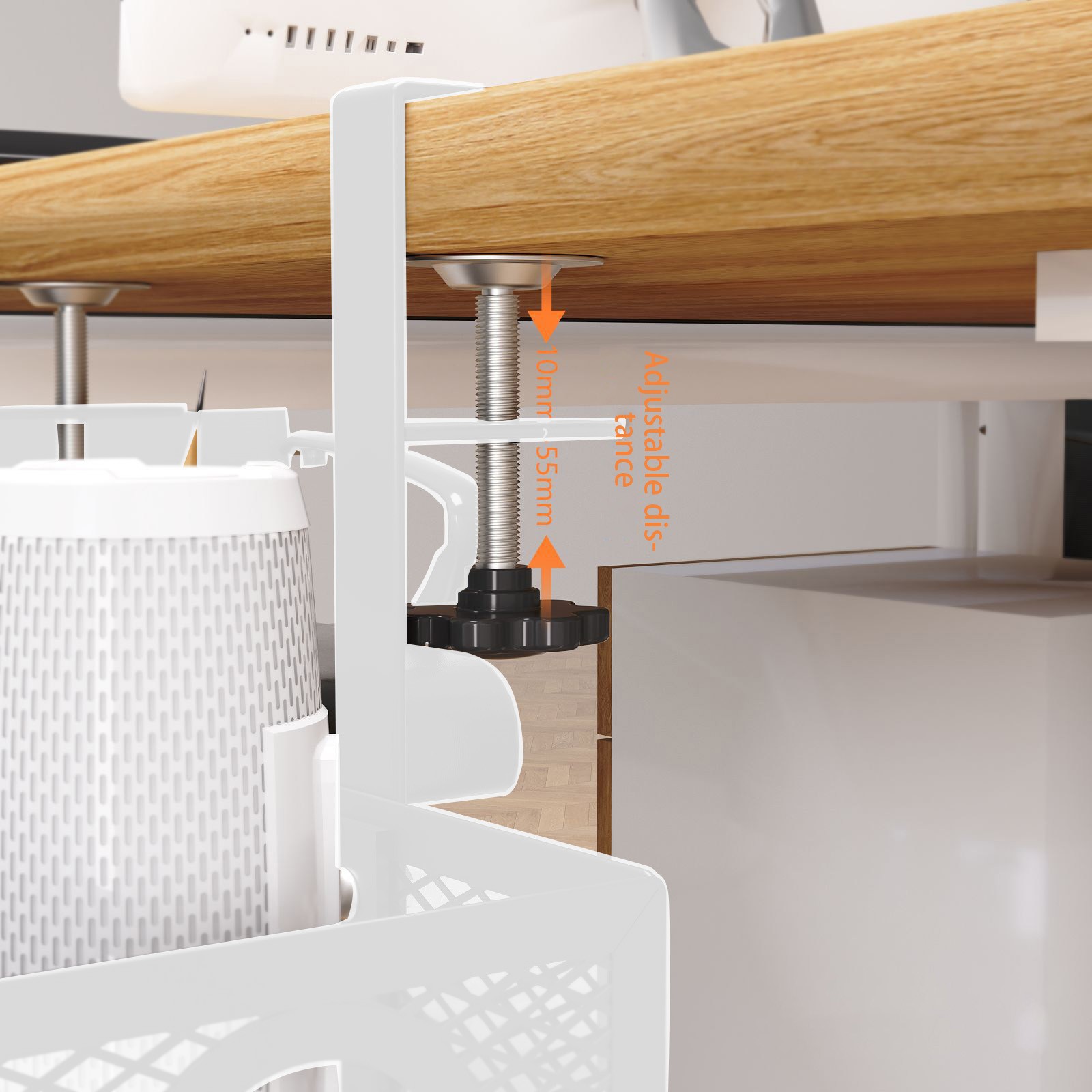 Under Desk Hanging Storage Basket Metal, No Hole Desk Organizer Basket for Cable Management and Office Supplies, Adjustable Desk Side Shelf for Office Classroom Home