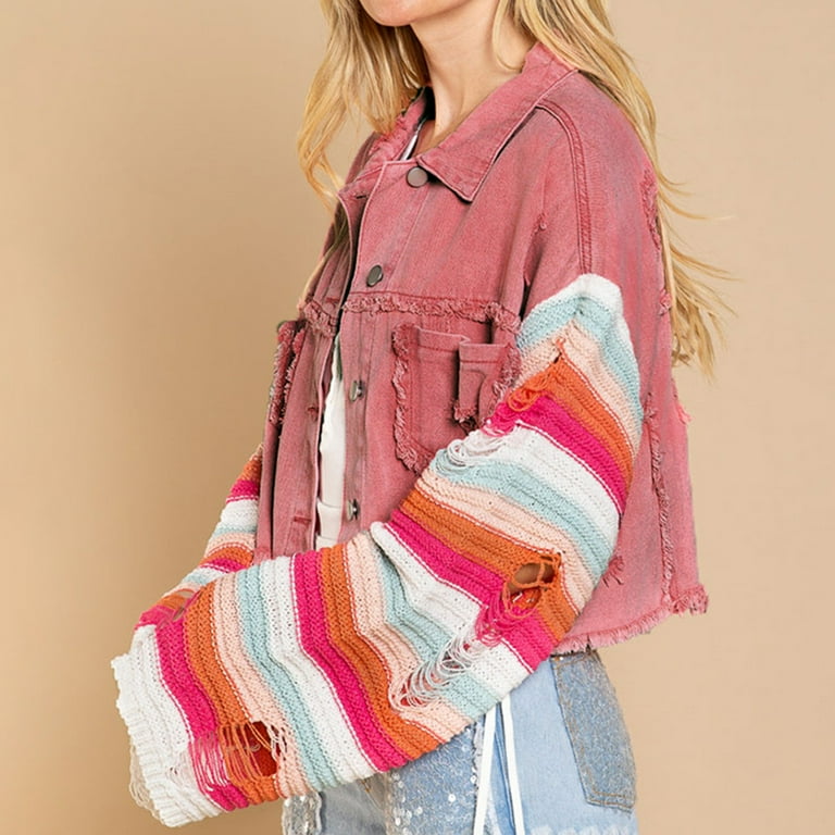 Casual Denim Jacket 2023 Clothes Collared Shirt Winter Short Jacket Crop Caot Patchwork Color Block Button Down Jean Jacket Outerwears Plus Size Fall