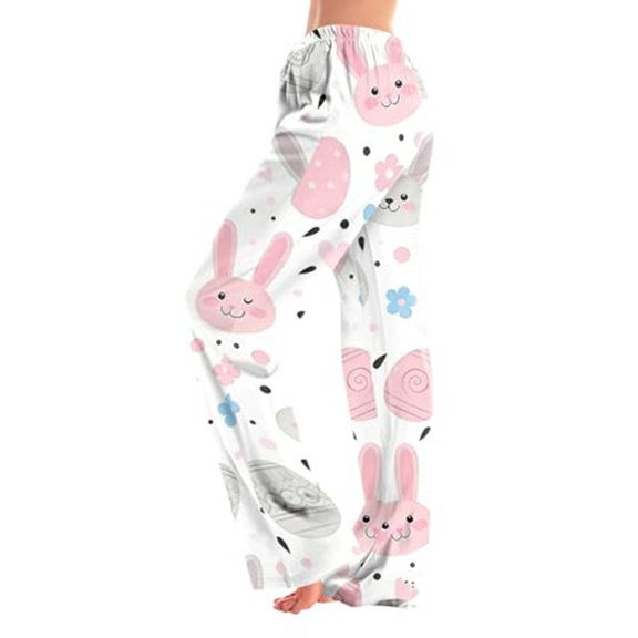 KHONTS Easter Egg Pajamas Pants for Women Cute Bunny Printed Elastic Waist Sleeppants Lightweight Homewear Stretchy Trousers 04-White XL