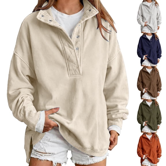 Sweatshirt for Women Oversized Henley Neck Pullover Top Fall Outfits,Snap Button Up Pullover Tops,Quilted Placket Detail,Loose Drop Shoulder Fit,Tunic Sweatshirt,Fall Winter Fashion Outfits Beige S