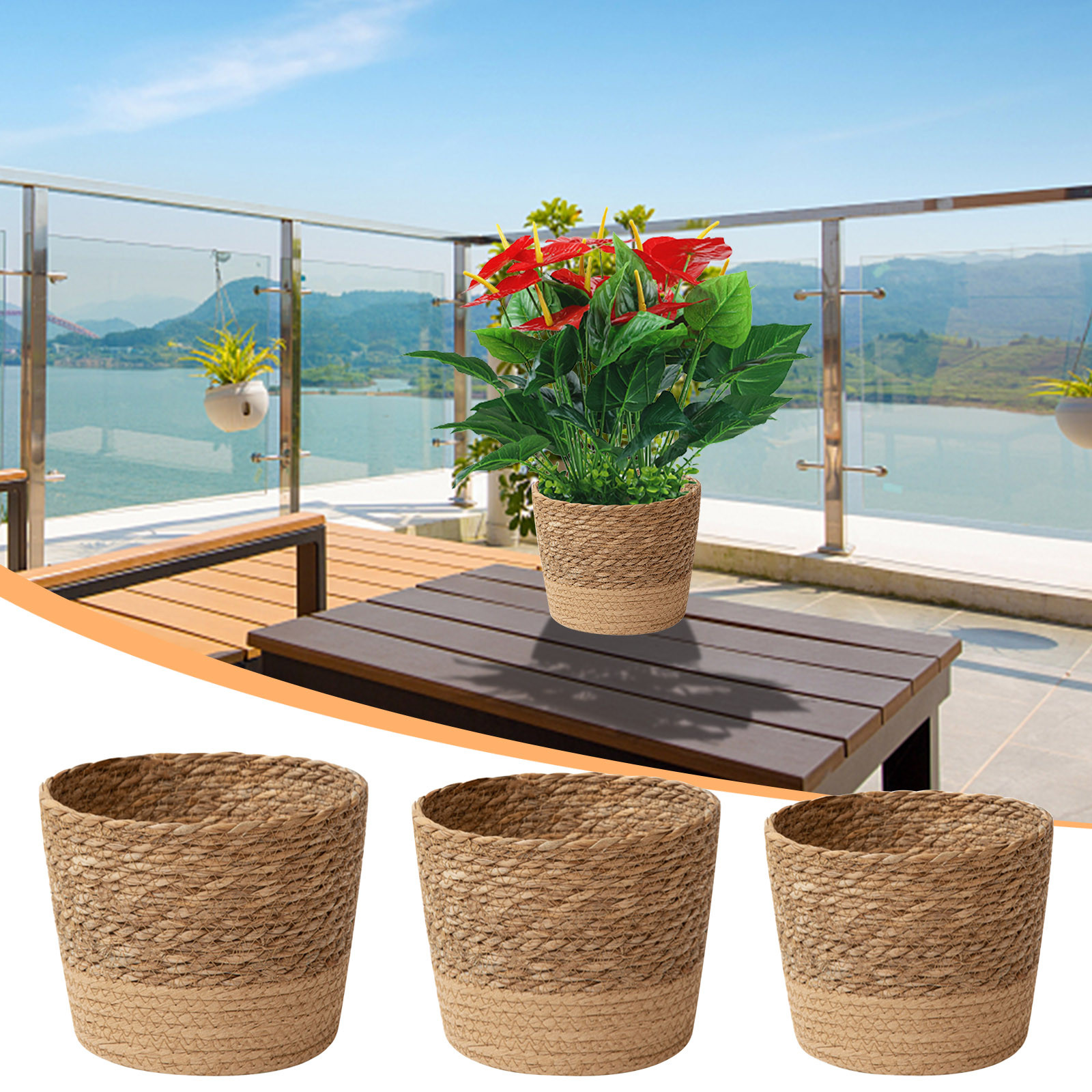 Straw Flower Pot Yard Plant Potted Flowers Rattan Flower Basket Desktop ...