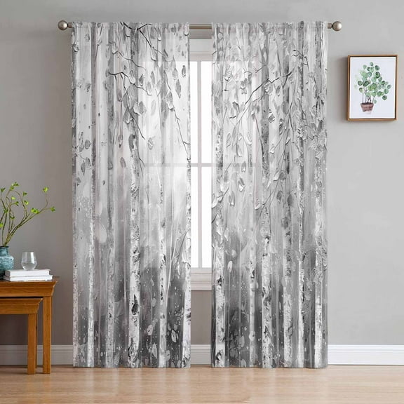 Grey Forest Sheer Curtains 96 Inches Long 2 Panels Set, Window Sheer Curtains for Living Room/Bedroom, Modern Oil Painting Art Light Filtering Rod Pocket Curtain 52'' x 96'' x 2