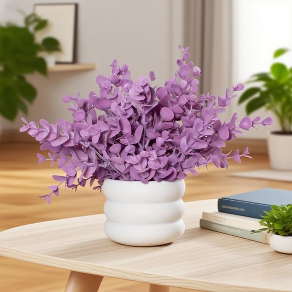 Artificial Eucalyptus Potted Plant with White Ribbed Pot, Purple, for Indoor Desk and Shelf Decor