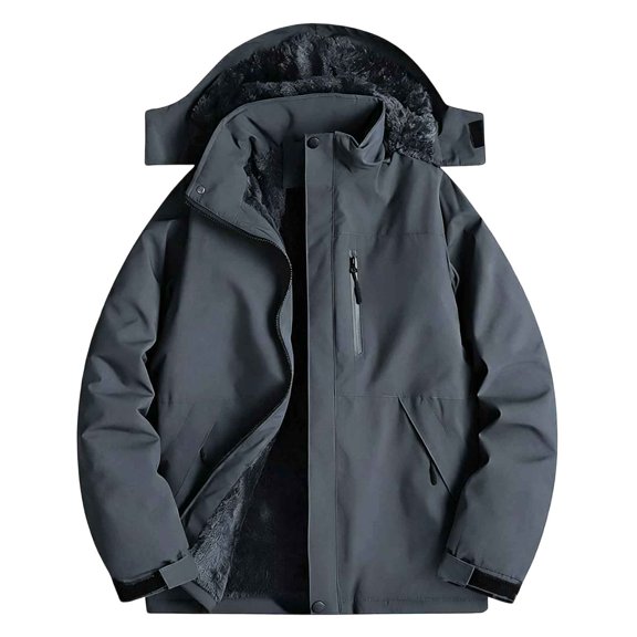 hoksml Men's Hooded Fleece Lined Jacket Full Zip Solid Color Windproof Warm Winter Daily Outerwear