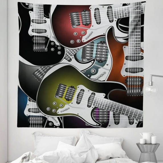 Popstar Party Tapestry, Pile of Graphic Colorful Electric Guitars Rock Music Stringed Instruments, Fabric Wall Hanging Decor for Bedroom Living Room Dorm, 5 Sizes, Multicolor, by Ambesonne